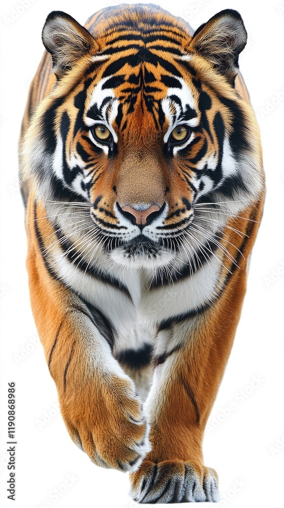 Fototapeta premium Majestic Tiger Striding Forward Against a White Background - Ideal for Wildlife Conservation Promotion
