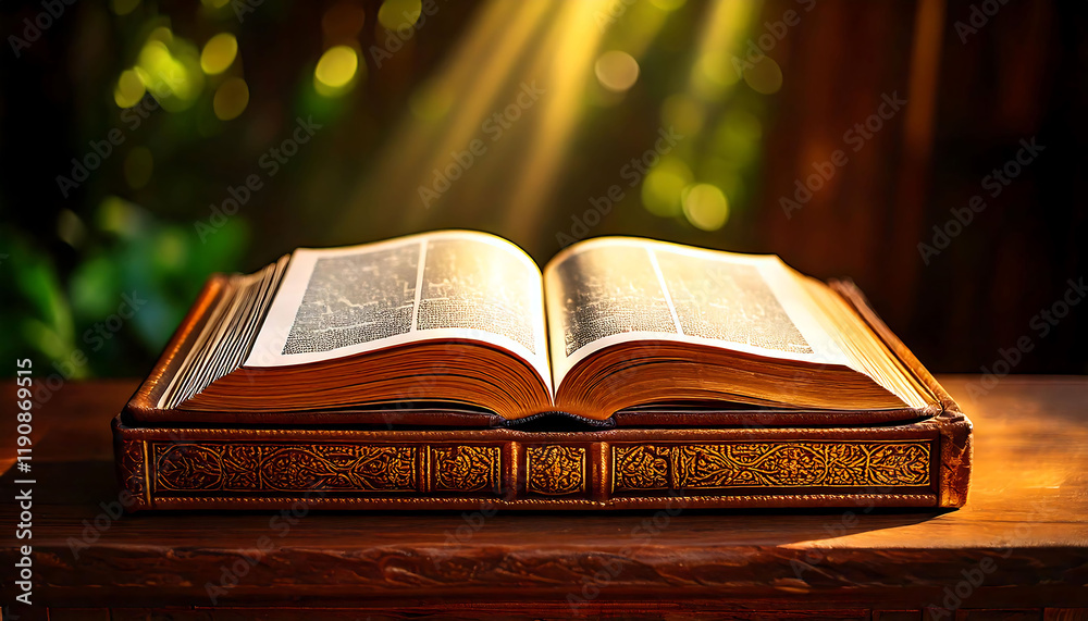 Open antique book with ornate cover rests on wooden table, bathed in warm light. Perfect for concepts of history, knowledge, religion, or spirituality. Ideal for websites, blogs, and publications. Open antique book with ornate cover rests on wooden table, bathed in warm light. Perfect for concepts of history, knowledge, religion, or spirituality. Ideal for websites, blogs, and publications.