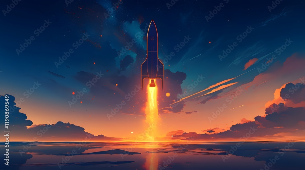 Fototapeta premium A conceptual rocket taking off with neon light background.