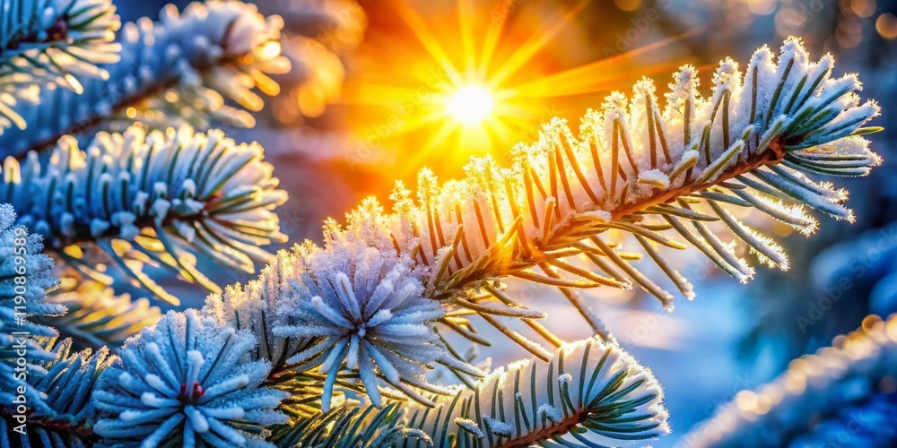 Naklejka premium Winter Wonderland: Macro Shot of Sunlit Fir Tree Needles, Christmas Spirit