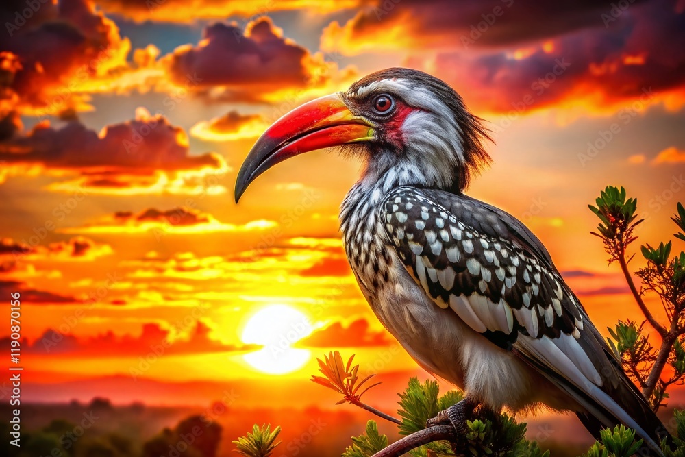 Obraz premium Majestic Red-Billed Hornbill Eagle Silhouette at Sunset - Isolated Wildlife Photography