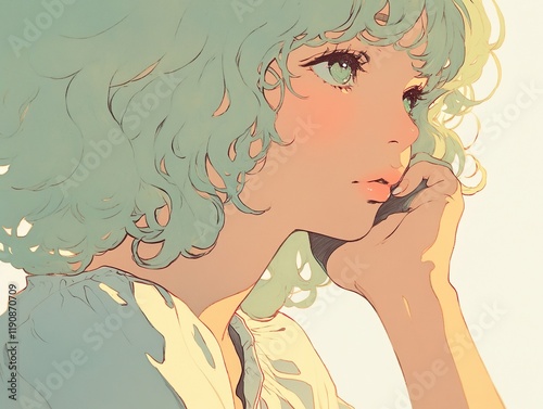 Profile of a young woman with light green, wavy hair, talking on the phone with a thoughtful expression, digital illustration with a soft, warm color palette.