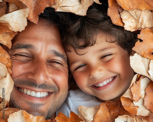 Celebrate Father's Day with Joy A heartwarming image of a father and son sharing a joyous laugh amidst autumn leaves, embodying the spirit of a traditional Father's Day activity This photo captures photo