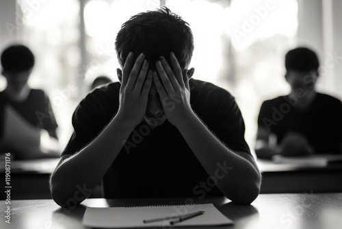 A high school student has a panic attack during an exam and covers his face with his hands. In front of the student is the exam paper, pencil and eraser. Other students appear as silhouettes. 