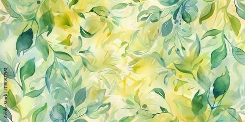 A vibrant watercolor pattern featuring green and yellow leaves, ideal for backgrounds or designs.