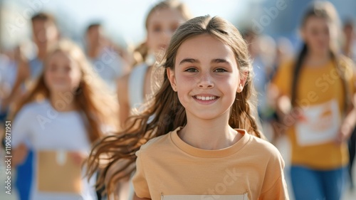 A smiling girl runs joyfully in a crowd during a fun event, embodying enthusiasm and energy, with sunlight creating a vibrant atmosphere.