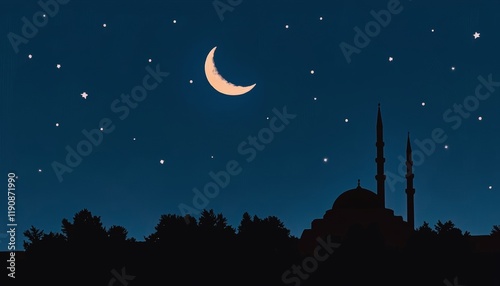 A crescent moon shines over a silhouetted mosque and trees against a dark blue starry sky photo