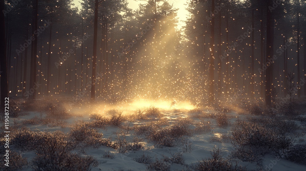 Fototapeta premium Sunbeams pierce snowy forest at dawn.