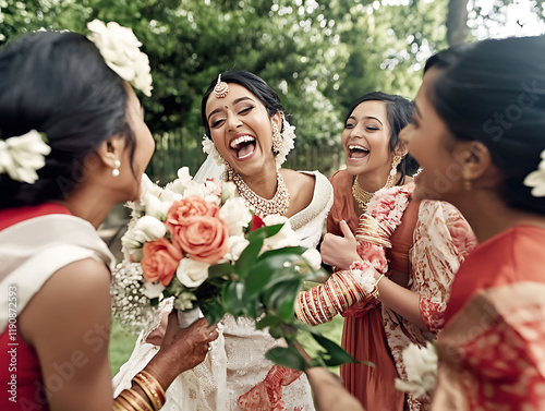 Joyful bridal party laughing outdoors.  South Asian bride in elegant white wedding gown with bridesmaids in vibrant reddishorange saris. Perfect for wedding, celebration, and friendship themes. photo