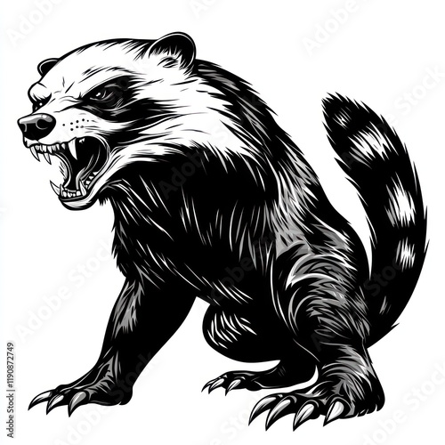 Angry badger illustration, white background, tattoo design