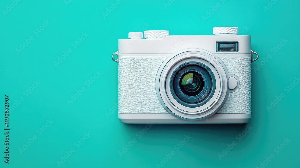 Fototapeta premium A compact mirrorless camera resting on a teal background, minimalist and modern aesthetic.