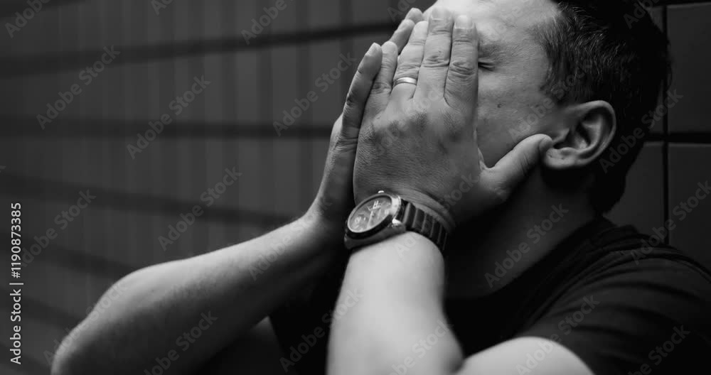 Close-up of man in emotional crisis, leaning against wall with clasped hands, intense mental struggle, depression, inner turmoil, profound despair and pain, black adn white