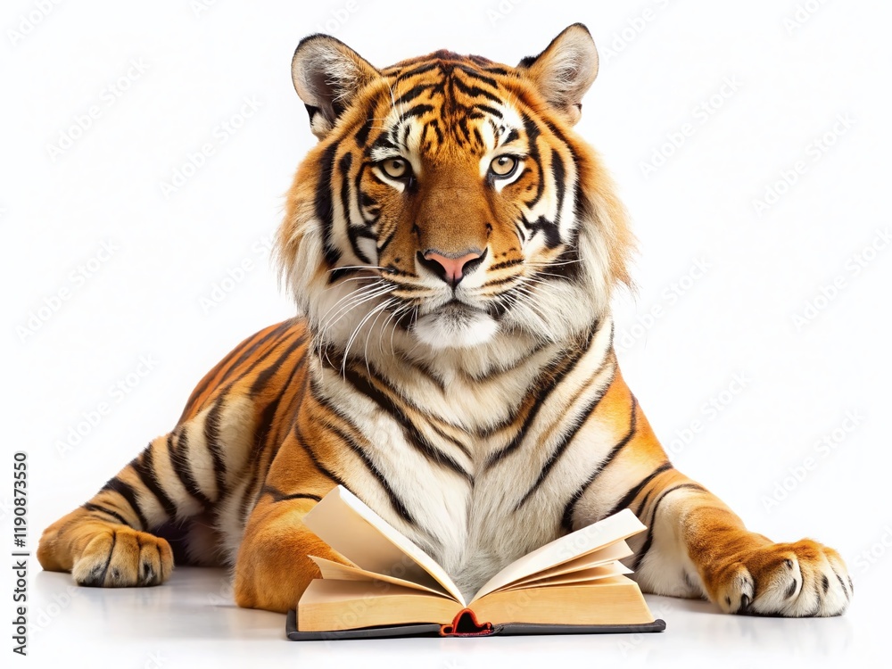 Obraz premium Majestic Tiger Reading a Book - Isolated White Background Stock Photo