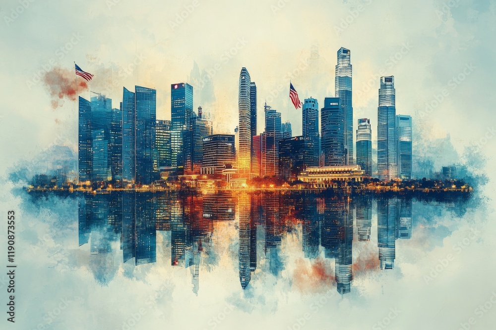 Fototapeta premium Skyscrapers reflect in calm waters at sunset in USA skyline showcasing vibrant city lights and silhouettes of iconic buildings