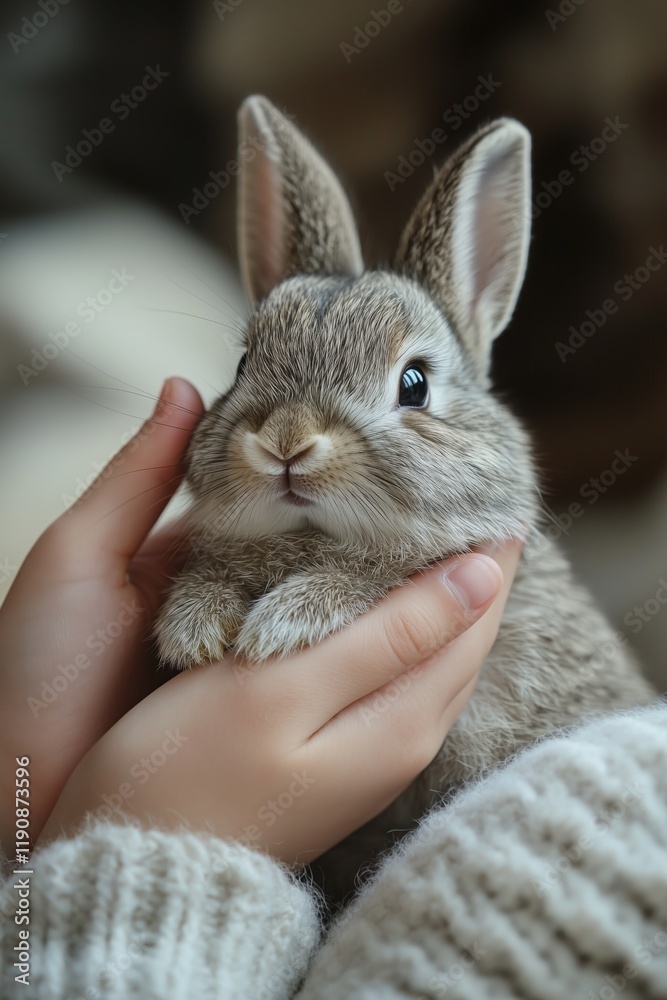 Close-Up of a Bunny Comfortably Cupped in Gentle Hands in a Cozy Home Setting Close-Up of a Bunny Comfortably Cupped in Gentle Hands in a Cozy Home Setting