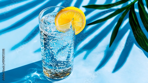 Refreshing glass of sparkling water with lemon slice on a vibrant blue background with shadows photo