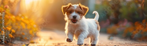 A playful puppy running happily in a sunny garden, surrounded by vibrant flowers and a warm, golden sunset glow.