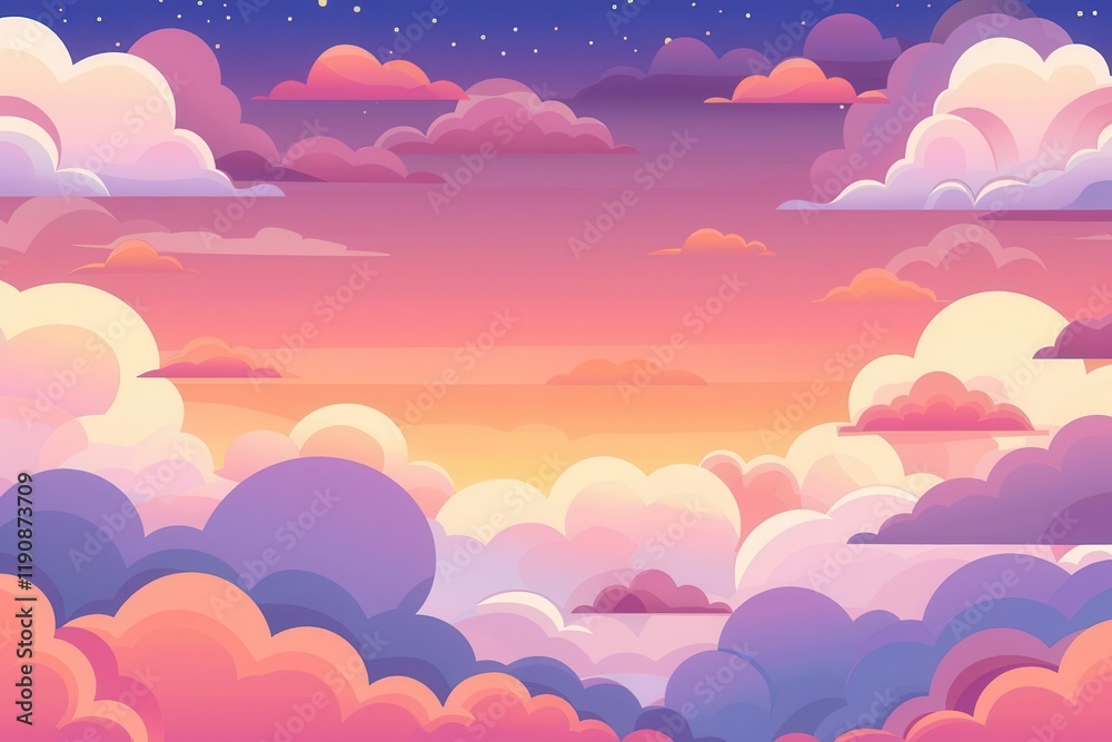 A vibrant, colorful sky filled with stylized clouds at sunset, creating a serene atmosphere. A vibrant, colorful sky filled with stylized clouds at sunset, creating a serene atmosphere.