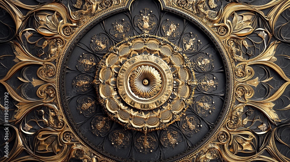 Ornate gold and black ceiling medallion with intricate detailing and zodiac symbols.