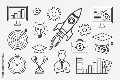 Business icons, startup incubator, entrepreneurship symbols, line art illustrations, growth charts, networking diagrams, innovation lightbulbs, money symbols, gears and cogs, computer screens, handsha