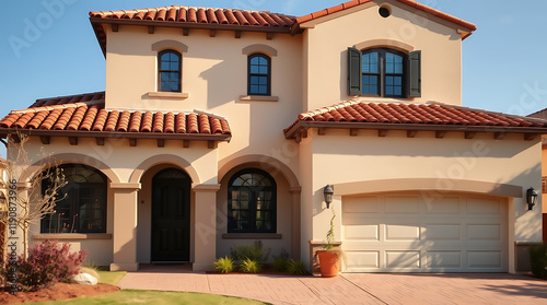 Mediterranean Style House Exterior: Luxury Villa with Tile Roof, Landscaping, and Curb Appeal photo