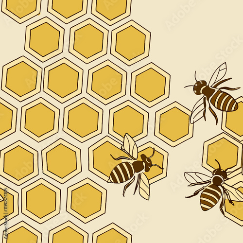 A hexagonal honeycomb structure filled with golden honey, with bees actively working on it Seamless Pattern Texture