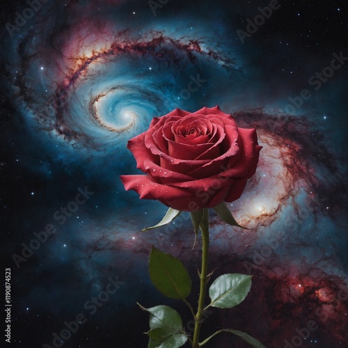 A surreal painting of a rose merging with a galaxy.