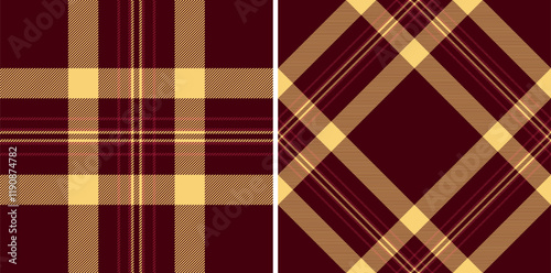 Elegant burgundy and gold plaid patterns.  Perfect for textile design, autumnal projects, fashion, or website backgrounds.  Two distinct styles offer versatile options.
