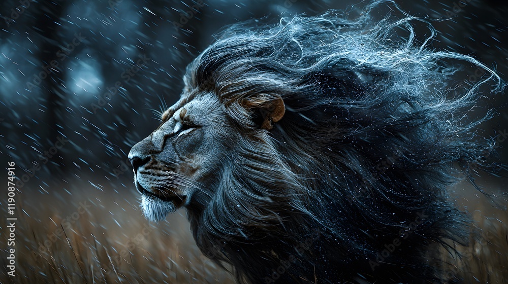 Naklejka premium Majestic Lion Silhouette with Flowing Mane Against a Wind-Swept Savannah Landscape, Capturing the Essence of Nature's Power and Beauty