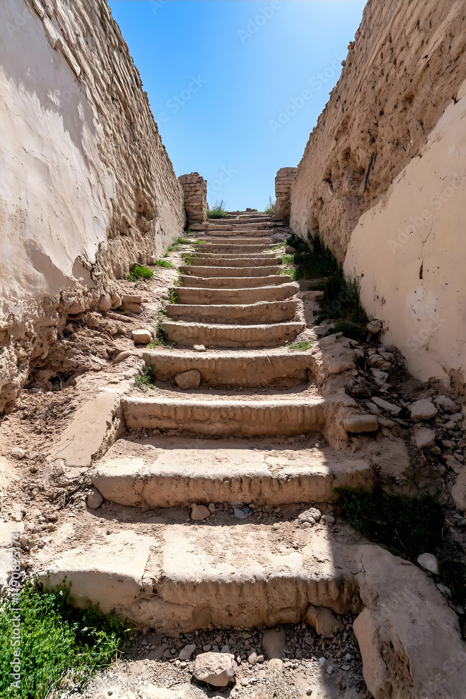 Fototapeta premium Ancient stone staircase ascending between crumbling walls under a clear blue sky. Possible use Historical travel, archaeological exploration