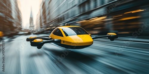 Future of urban air mobility, city air taxi, UAM urban air mobility, Public aerial transportation, Passenger Autonomous Aerial Vehicle AAV in futuristic city