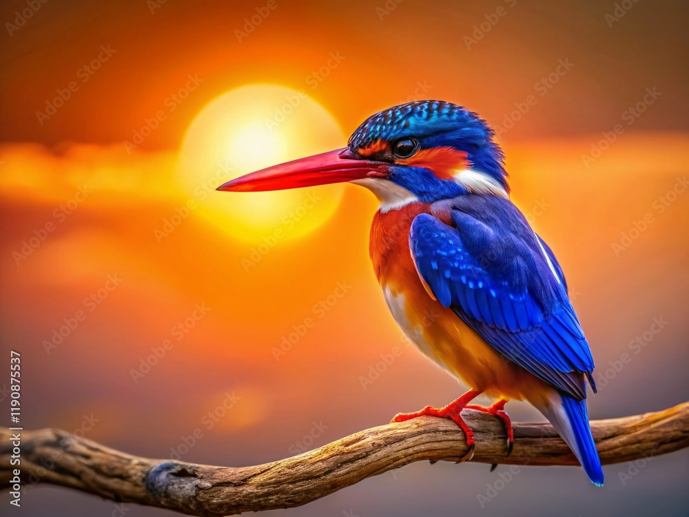 Fototapeta premium Malachite Kingfisher Silhouette - Vibrant Bird Silhouette at Sunset