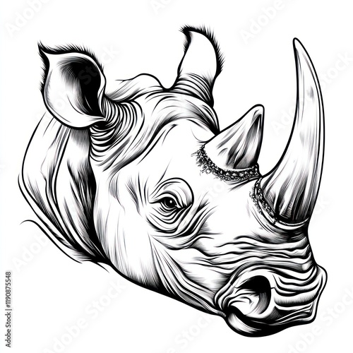 White rhino head, African savanna background, detailed ink drawing, tattoo design photo