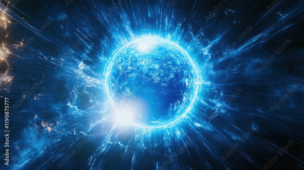 Obraz premium A glowing blue digital Earth encircled by radiating light streaks and technological elements, suggesting global connectivity and technological advancement.