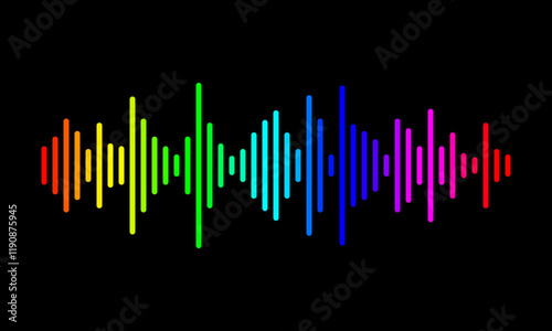 rainbow colored graphic equalizer, colorful sound wave on black background, amplifier frequency levels illustration, audio volume indicator vector illustration