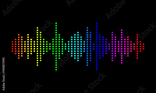 rainbow colored graphic equalizer, colorful sound wave on black background, amplifier frequency levels illustration, audio volume indicator vector illustration