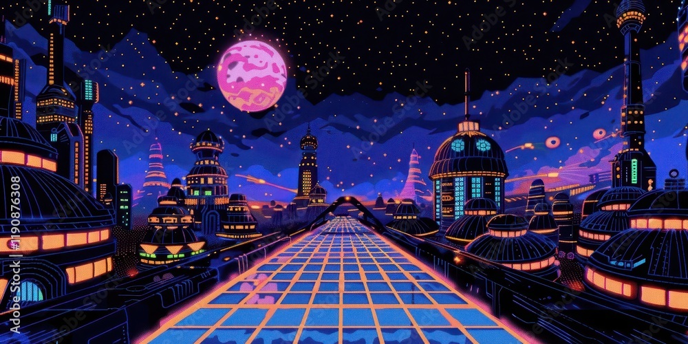 Obraz premium A vibrant, futuristic cityscape under a starry sky with a large moon, featuring neon lights and structures.