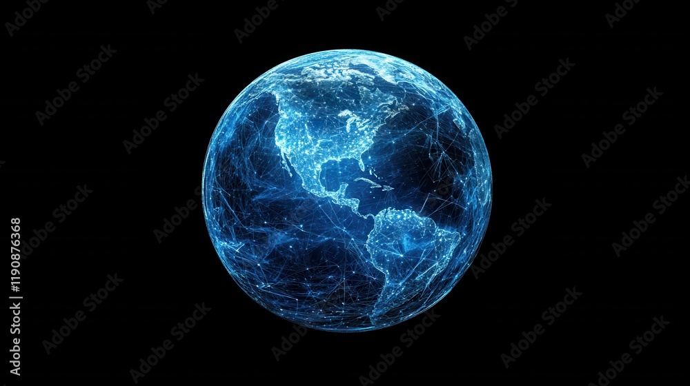 Obraz premium Abstract digital planet Earth with a global network and connectivity concept made of glowing dots, lines, or connections on a black background, blue frosted glass acrylic material.