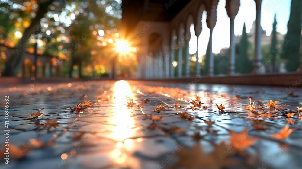 Obraz premium Autumn sunset illuminating a tiled pathway in a Spanish historical garden; sun rays reflect on the ground, leaves scattered; ideal for travel, nature, and autumnal themes