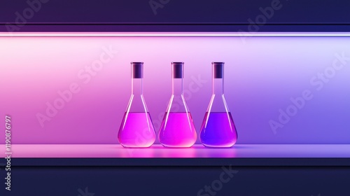 Colorful laboratory beakers filled with purple liquid, illuminated by ambient lighting on a sleek shelf.