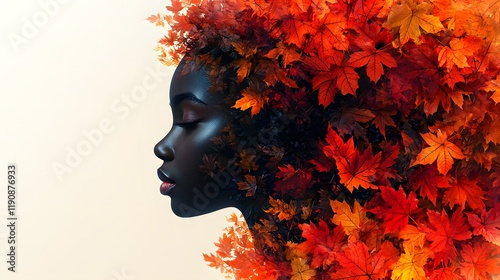 Stunning Silhouette of a Woman's Profile with Vibrant Fall Leaves Collage as Hair, Emphasizing Nature's Beauty and Seasonal Change in Artistic Expression