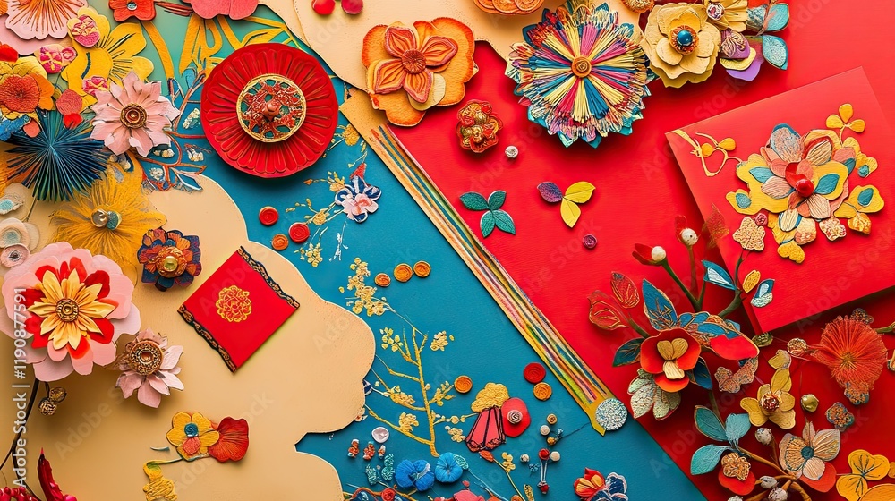 Obraz premium A display of handmade Chinese New Year crafts, featuring hand-cut paper designs, red envelopes, and small embroidered ornaments, set against a festive background.