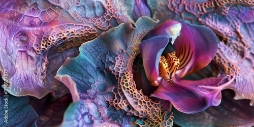 A vibrant, intricate close-up of a colorful orchid showcasing its unique textures and patterns.