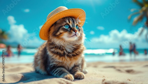 Adorable Cat in a Straw Hat on a Tropical Beach photo