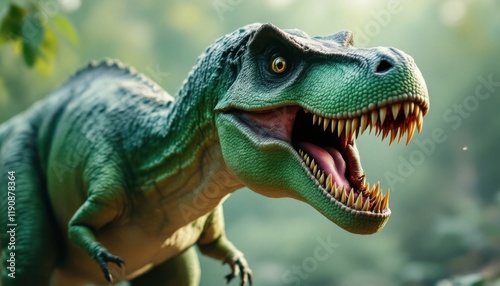 A ferocious Tyrannosaurus Rex in a prehistoric forest setting. photo