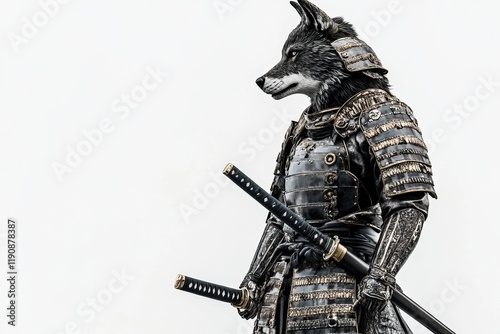 Wolf Warrior in Traditional Samurai Armor with Katana Sword