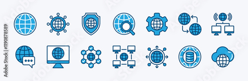 Set of global technology icon. Containing network, cyberspace, connection, web, cyber security, management, research, communication, cloud computing, globe, server data. Vector illustration