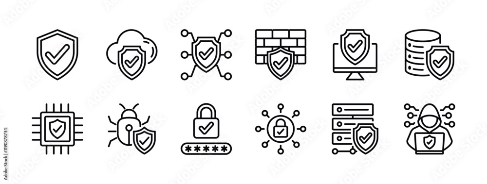 Cyber security thin line icon set. Containing cloud computing protection, password lock, secure from hackers, server safety, encryption, data protected, firewall, computer virus. Vector illustration Cyber security thin line icon set. Containing cloud computing protection, password lock, secure from hackers, server safety, encryption, data protected, firewall, computer virus. Vector illustration