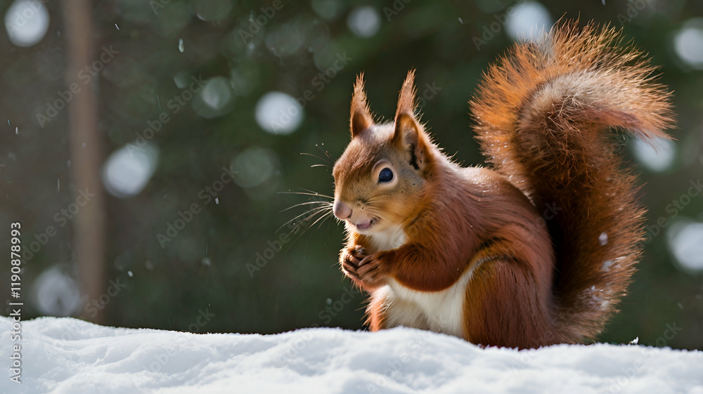 The red squirrel or Eurasian red squirrel Sci Red squirrel on spruce branch looking at delicious cone winter forest with snowy trees and snowfall, The red squirrel or Eurasian red squirrel Sci Red squirrel on spruce branch looking at delicious cone winter forest with snowy trees and snowfall,