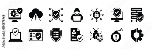 Cyber security technology icon vector set. Containing big data protection, cloud computing, network, hacker, server, website, virus threat, privacy, phishing, browser, bomb, access